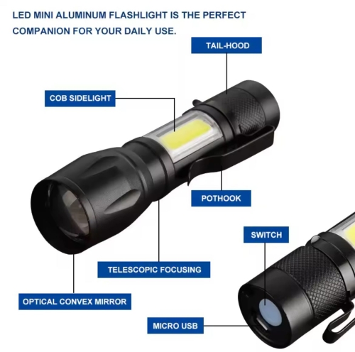 High Power Mini Flashlight Rechargeable USB Zoomable Torch COB+XPE Waterproof Outdoor Light - 3